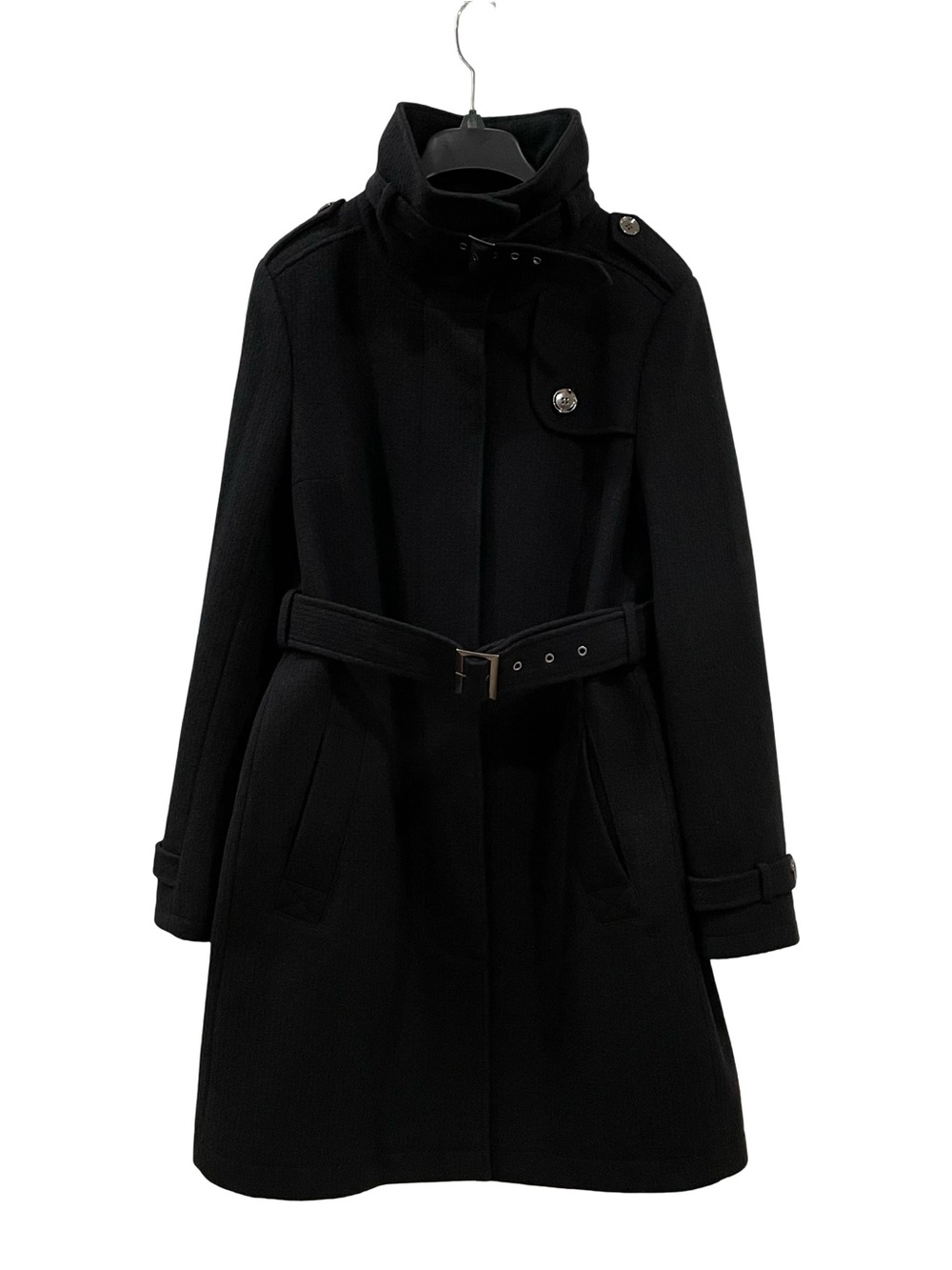Funnel Neck Black Belted Coat, Size M